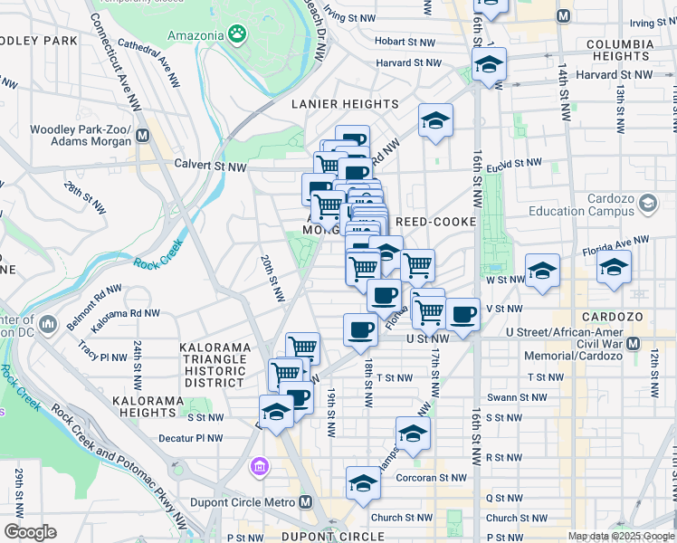 map of restaurants, bars, coffee shops, grocery stores, and more near 1840 Kalorama Road Northwest in Washington