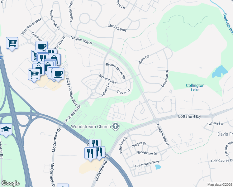 map of restaurants, bars, coffee shops, grocery stores, and more near 9715 Traver Street in Bowie