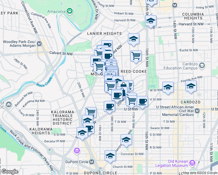 map of restaurants, bars, coffee shops, grocery stores, and more near 1810 Kalorama Road Northwest in Washington