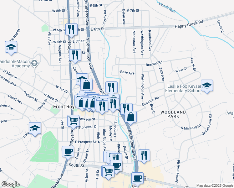 map of restaurants, bars, coffee shops, grocery stores, and more near 544 Manassas Street in Front Royal