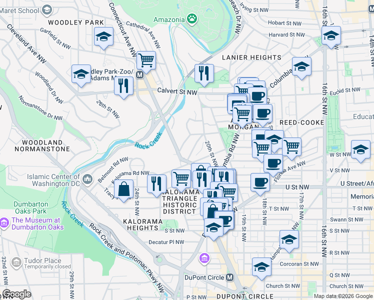 map of restaurants, bars, coffee shops, grocery stores, and more near 2310 Ashmead Place Northwest in Washington