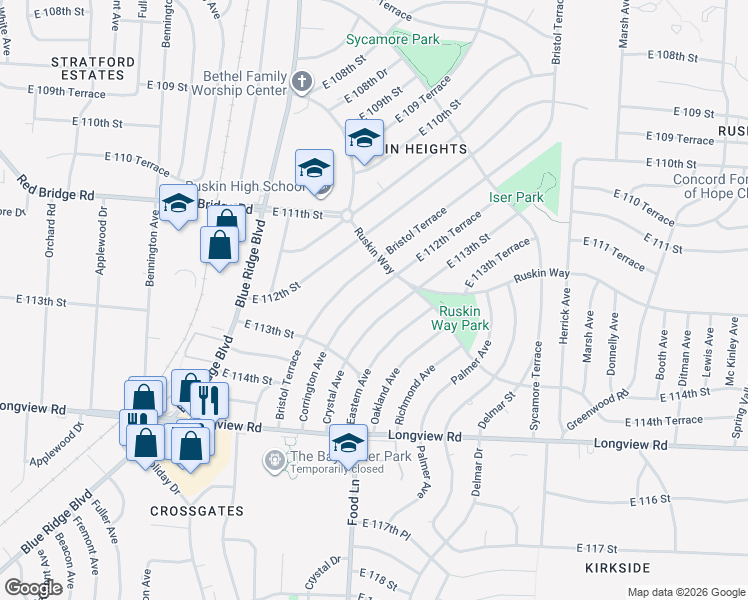 map of restaurants, bars, coffee shops, grocery stores, and more near 11214 Crystal Avenue in Kansas City