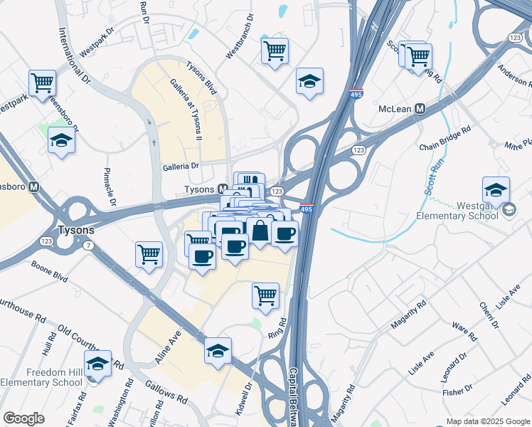 map of restaurants, bars, coffee shops, grocery stores, and more near 7900 Tysons One Place in McLean