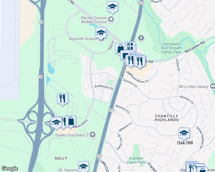 map of restaurants, bars, coffee shops, grocery stores, and more near 13680 Endeavour Drive in Herndon