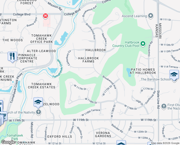 map of restaurants, bars, coffee shops, grocery stores, and more near 2704 West 116th Street in Leawood