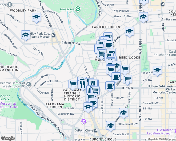 map of restaurants, bars, coffee shops, grocery stores, and more near 1921 Kalorama Road Northwest in Washington
