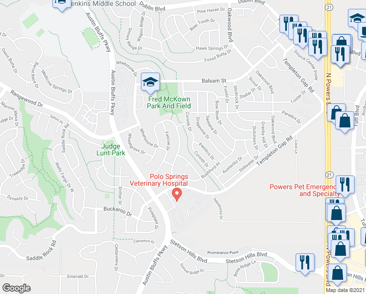 map of restaurants, bars, coffee shops, grocery stores, and more near 6050 Whirlwind Drive in Colorado Springs