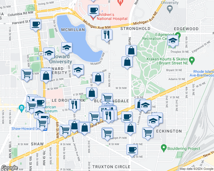 map of restaurants, bars, coffee shops, grocery stores, and more near 101 Independence Avenue Southeast in Washington