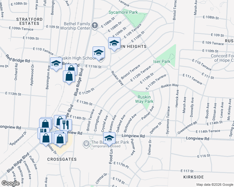 map of restaurants, bars, coffee shops, grocery stores, and more near 11214 Crystal Avenue in Kansas City