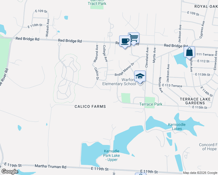 map of restaurants, bars, coffee shops, grocery stores, and more near 11369 Calico Drive in Kansas City