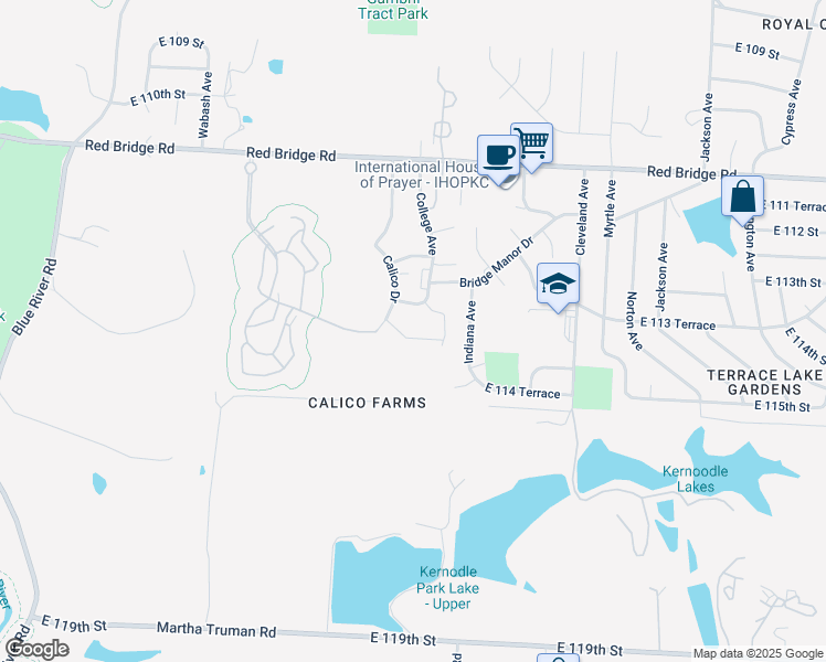 map of restaurants, bars, coffee shops, grocery stores, and more near 11369 Calico Drive in Kansas City