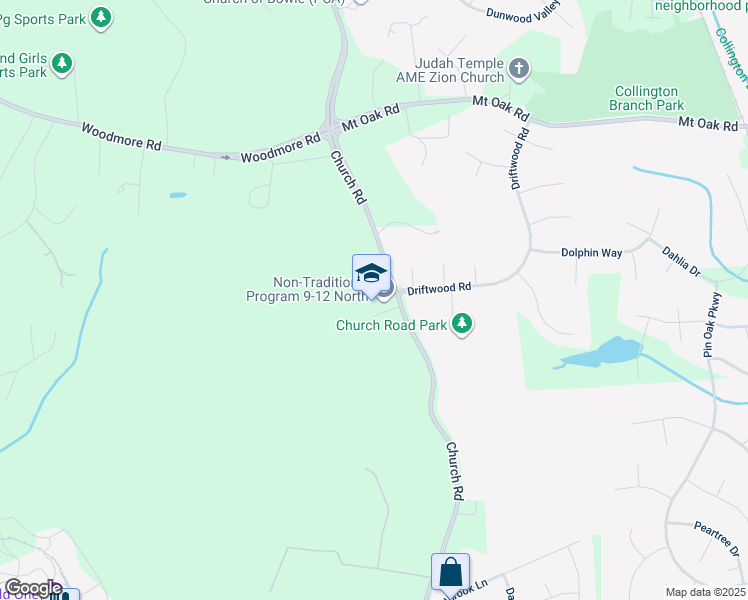 map of restaurants, bars, coffee shops, grocery stores, and more near 2112 Church Road in Bowie