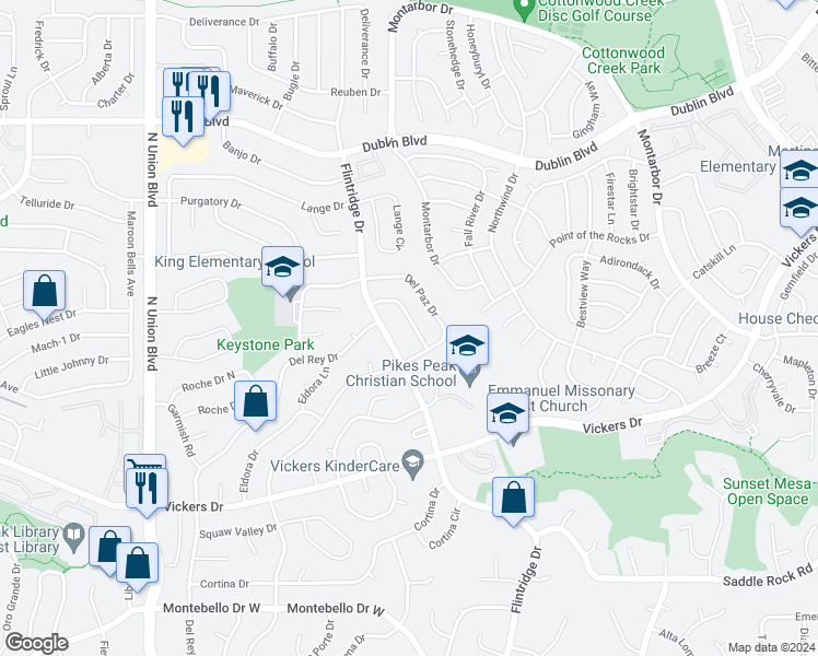 map of restaurants, bars, coffee shops, grocery stores, and more near 6016 Copper Mountain Drive in Colorado Springs