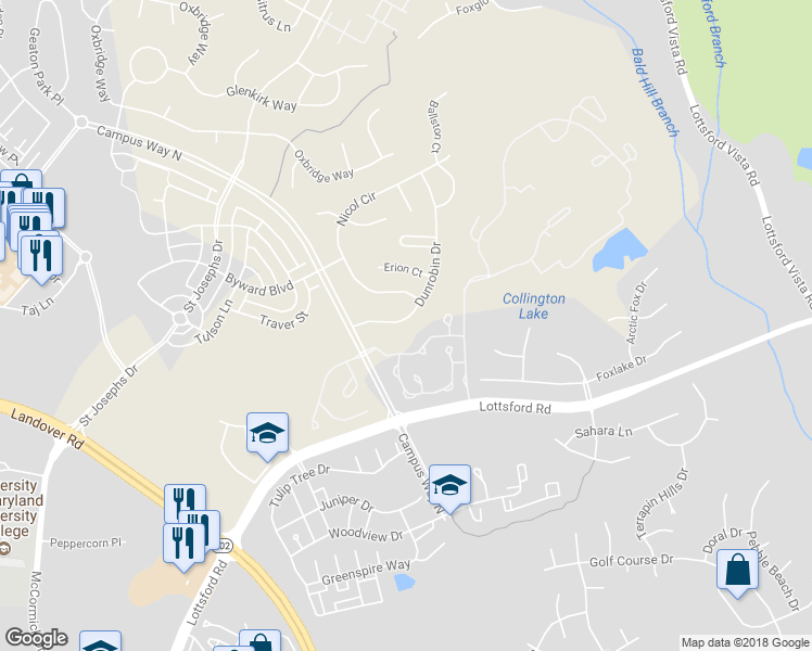 map of restaurants, bars, coffee shops, grocery stores, and more near 2215 Dunrobin Drive in Bowie
