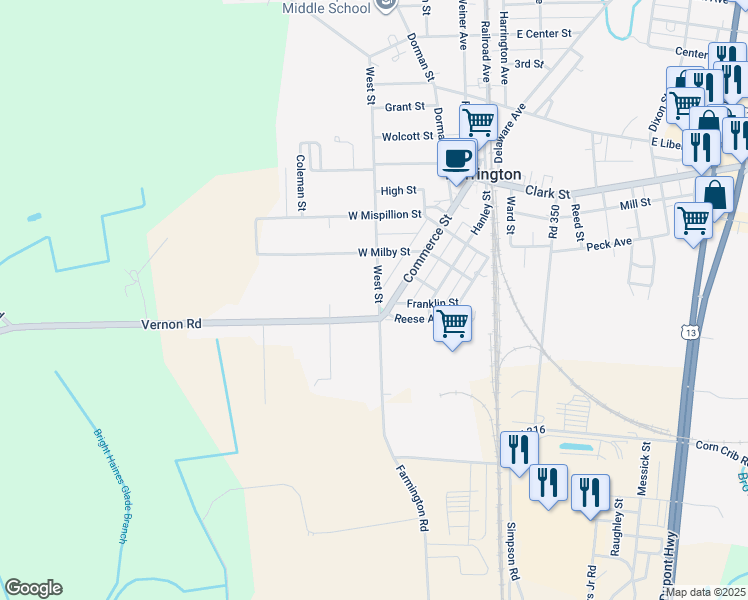 map of restaurants, bars, coffee shops, grocery stores, and more near 219 South West Street in Harrington