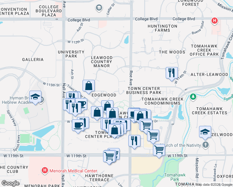 map of restaurants, bars, coffee shops, grocery stores, and more near 11512 Cedar Street in Leawood
