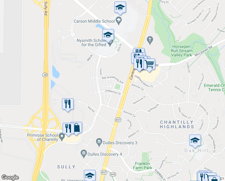 map of restaurants, bars, coffee shops, grocery stores, and more near 3188 Yeager Drive in Herndon
