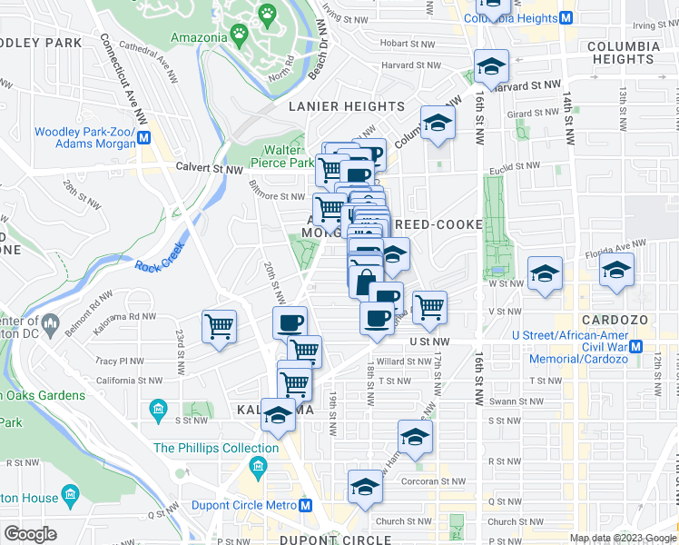 map of restaurants, bars, coffee shops, grocery stores, and more near 1840 Kalorama Road Northwest in Washington