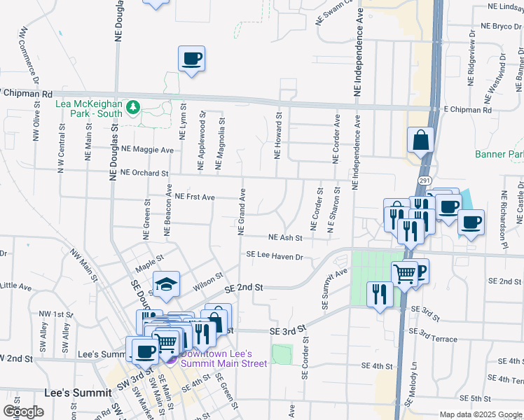 map of restaurants, bars, coffee shops, grocery stores, and more near 307 Northeast Arlington Circle in Lee's Summit