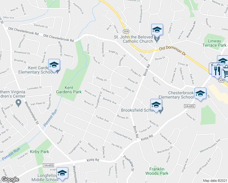 map of restaurants, bars, coffee shops, grocery stores, and more near 6520 Fairlawn Drive in McLean