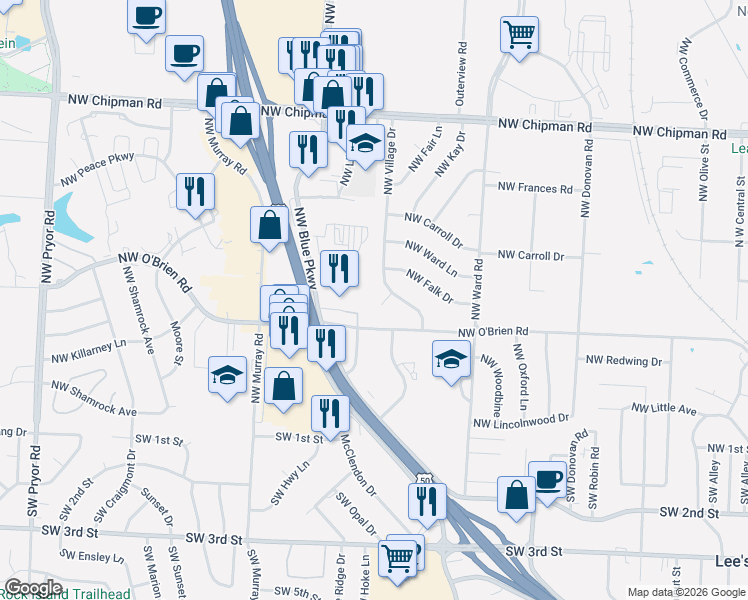 map of restaurants, bars, coffee shops, grocery stores, and more near 704 Northwest O'Brien Road in Lee's Summit