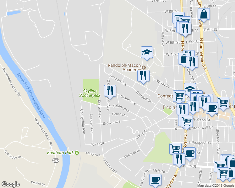 map of restaurants, bars, coffee shops, grocery stores, and more near 301 Skyline Place in Front Royal