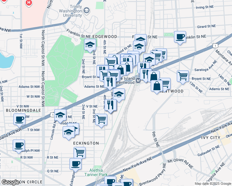 map of restaurants, bars, coffee shops, grocery stores, and more near 2215 5th Street Northeast in Washington