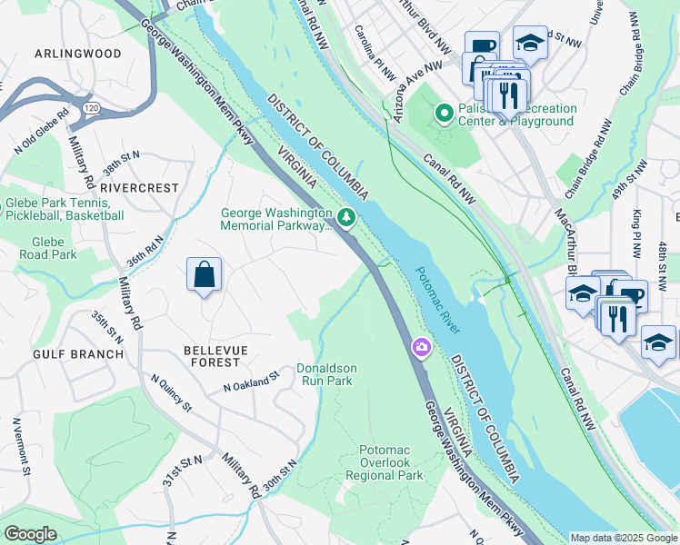 map of restaurants, bars, coffee shops, grocery stores, and more near 3444 Roberts Lane in Arlington