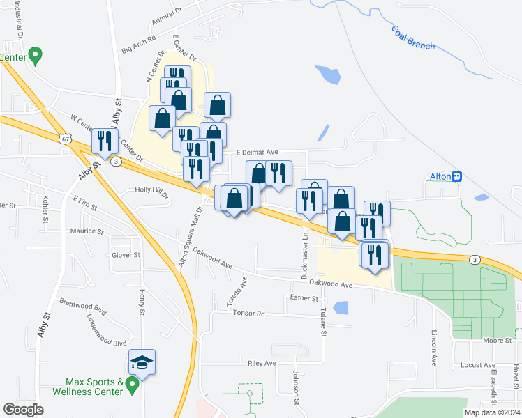 map of restaurants, bars, coffee shops, grocery stores, and more near 1170 East Homer M Adams Parkway in Alton