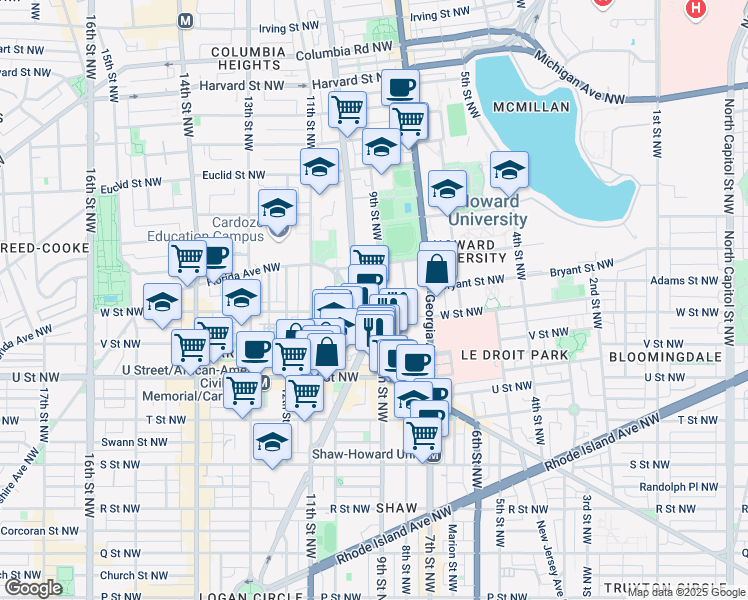 map of restaurants, bars, coffee shops, grocery stores, and more near 965 Florida Avenue Northwest in Washington