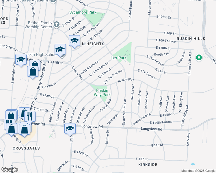 map of restaurants, bars, coffee shops, grocery stores, and more near 11206 Palmer Avenue in Kansas City
