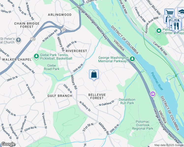map of restaurants, bars, coffee shops, grocery stores, and more near 3607 North Peary Street in Arlington