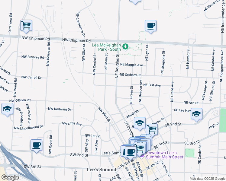 map of restaurants, bars, coffee shops, grocery stores, and more near 301 Northeast Douglas Street in Lee's Summit