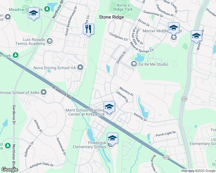 map of restaurants, bars, coffee shops, grocery stores, and more near 41840 Proverbial Terrace in Aldie