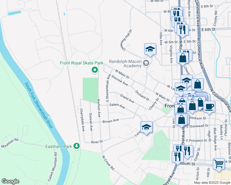 map of restaurants, bars, coffee shops, grocery stores, and more near 506 Grand Avenue in Front Royal