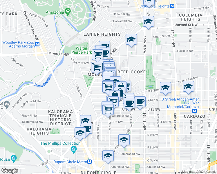 map of restaurants, bars, coffee shops, grocery stores, and more near 2300 18th Street Northwest in Washington