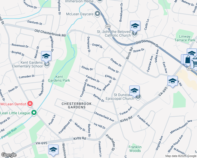 map of restaurants, bars, coffee shops, grocery stores, and more near 6520 Fairlawn Drive in McLean