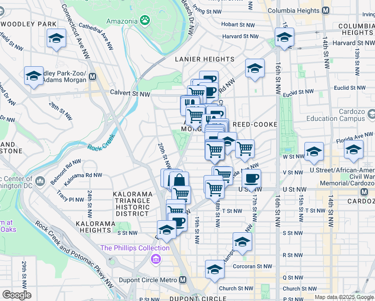 map of restaurants, bars, coffee shops, grocery stores, and more near 1880 Columbia Road Northwest in Washington