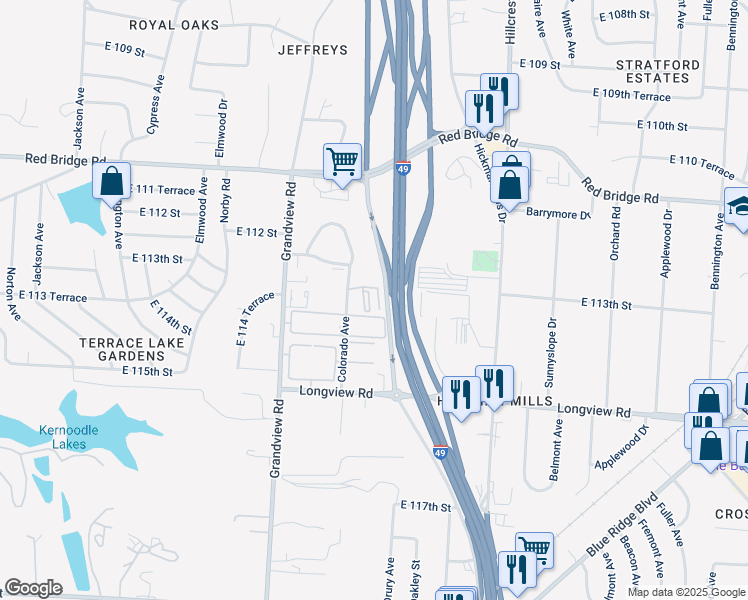 map of restaurants, bars, coffee shops, grocery stores, and more near 11315 Colorado Avenue in Kansas City