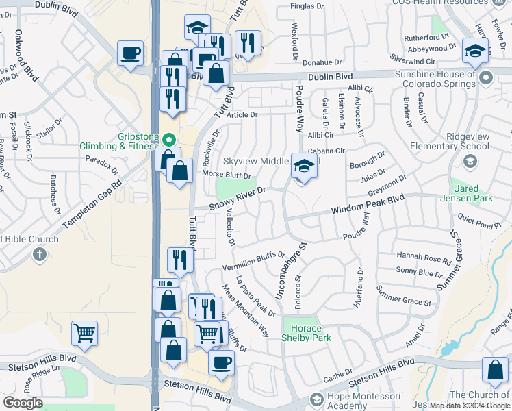 map of restaurants, bars, coffee shops, grocery stores, and more near 6116 Grand Mesa Drive in Colorado Springs