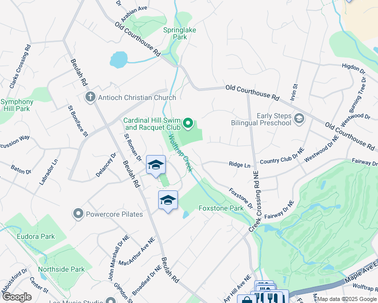 map of restaurants, bars, coffee shops, grocery stores, and more near 1830 Foxstone Drive in Vienna