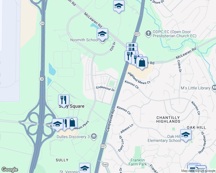 map of restaurants, bars, coffee shops, grocery stores, and more near 13688 Endeavour Drive in Herndon
