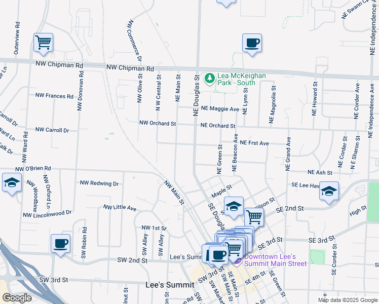 map of restaurants, bars, coffee shops, grocery stores, and more near 301 Northeast Douglas Street in Lee's Summit