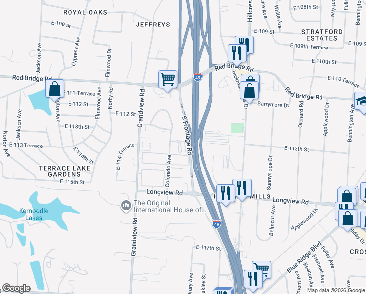 map of restaurants, bars, coffee shops, grocery stores, and more near 11315 Colorado Avenue in Kansas City