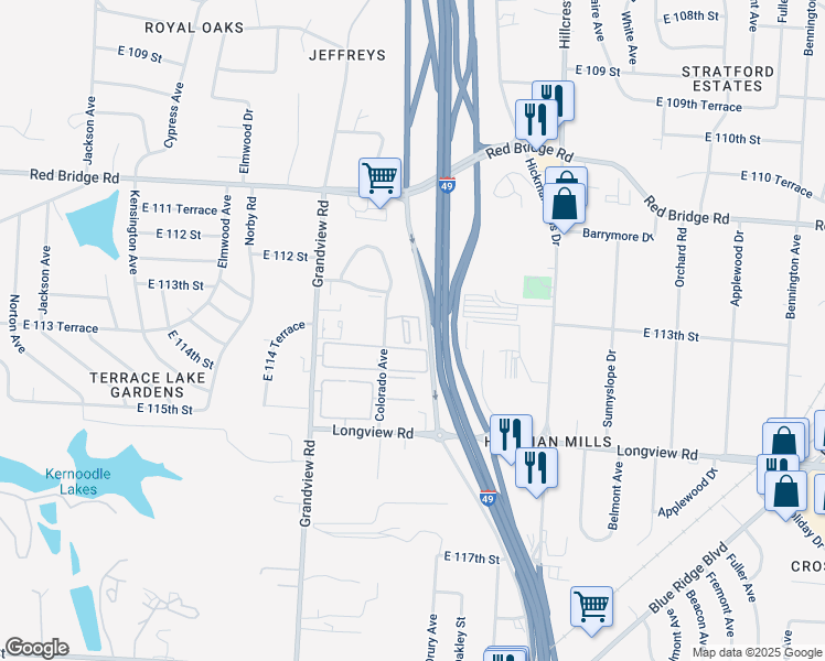 map of restaurants, bars, coffee shops, grocery stores, and more near 11315 Colorado Avenue in Kansas City
