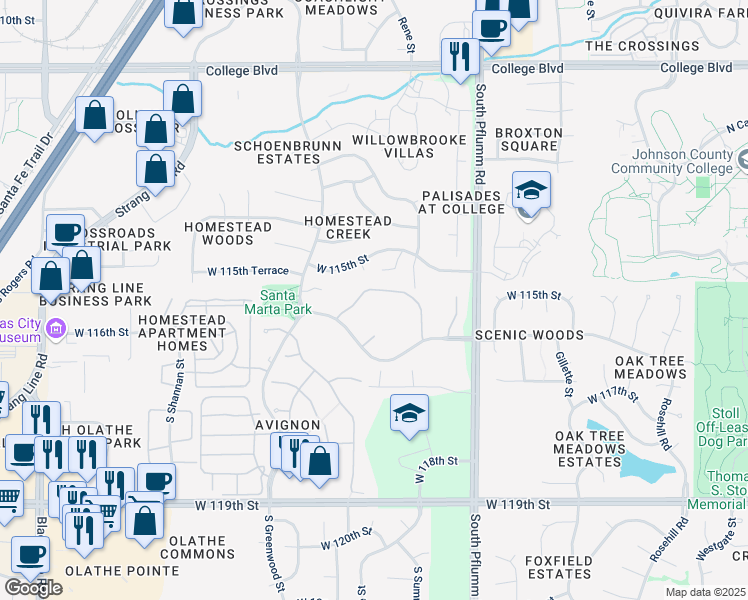 map of restaurants, bars, coffee shops, grocery stores, and more near 13800 West 116th Street in Olathe