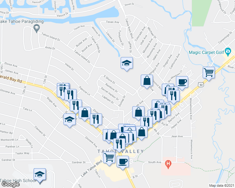 map of restaurants, bars, coffee shops, grocery stores, and more near 916 Rainbow Drive in South Lake Tahoe