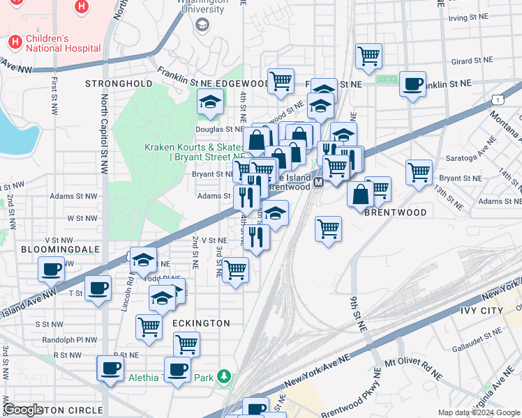 map of restaurants, bars, coffee shops, grocery stores, and more near 2225 5th Street Northeast in Washington