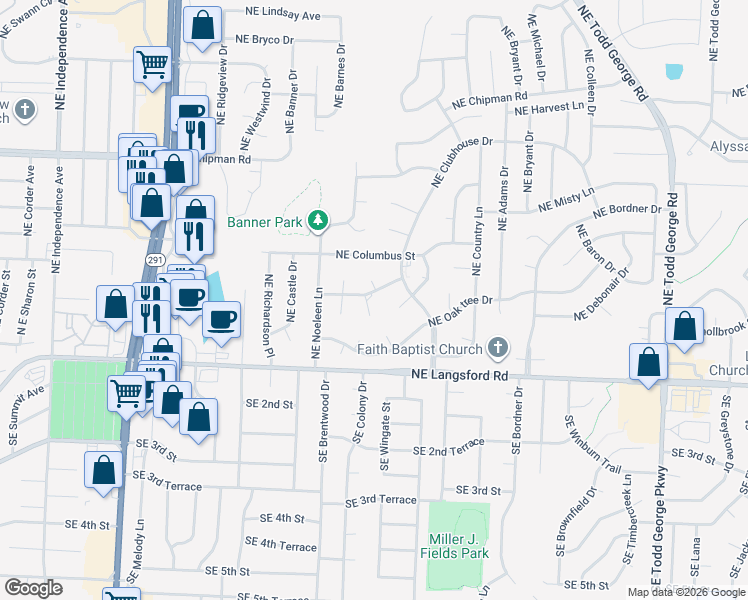 map of restaurants, bars, coffee shops, grocery stores, and more near 401 Northeast Dogwood Lane in Lee's Summit