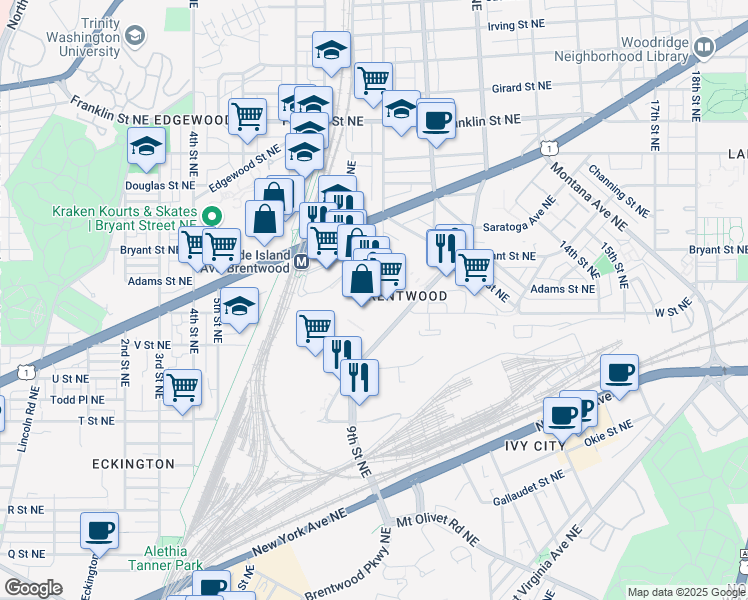 map of restaurants, bars, coffee shops, grocery stores, and more near 1060 Brentwood Road Northeast in Washington